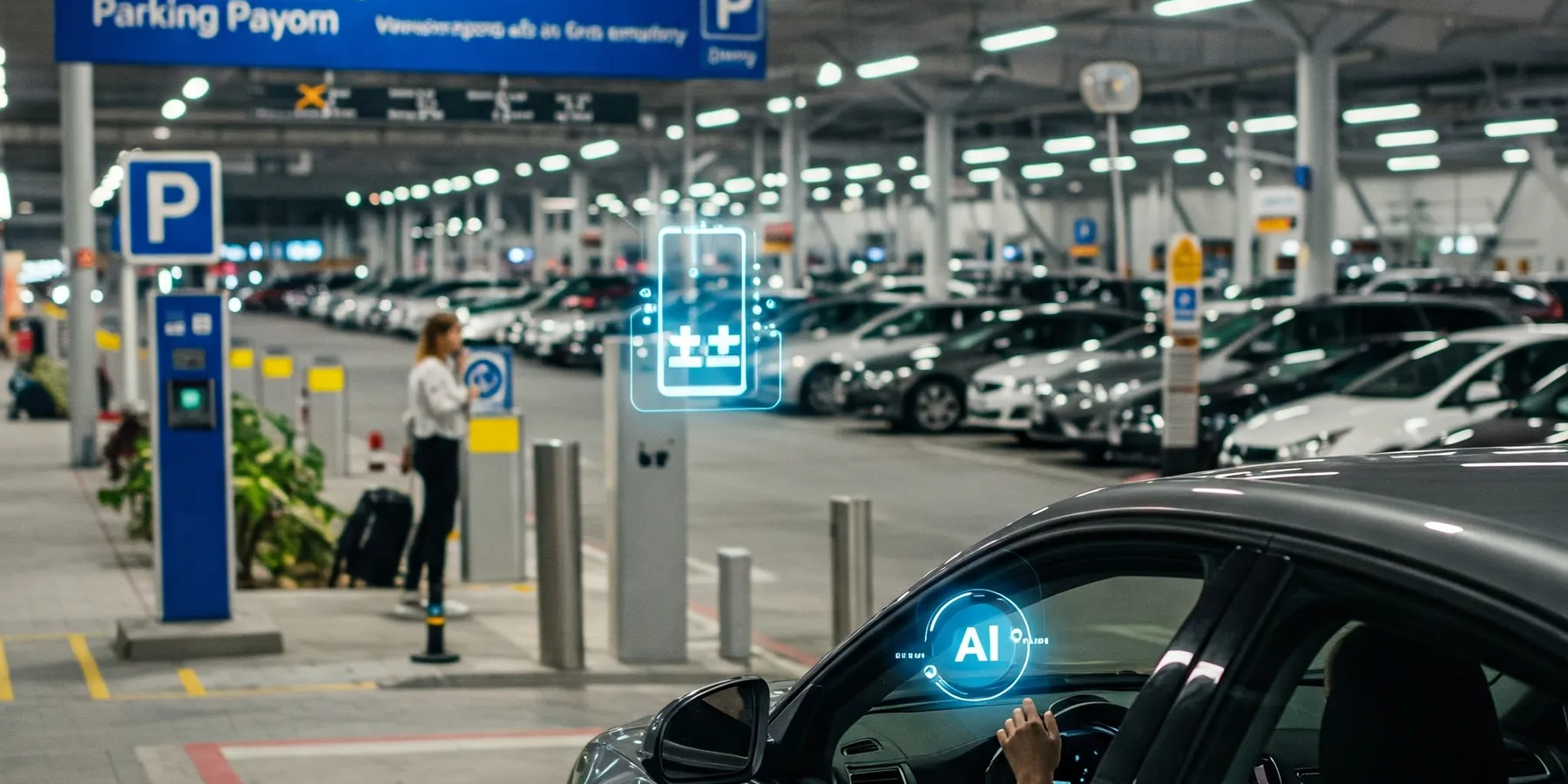 Airport car park with AI and digital payment graphics overlaid