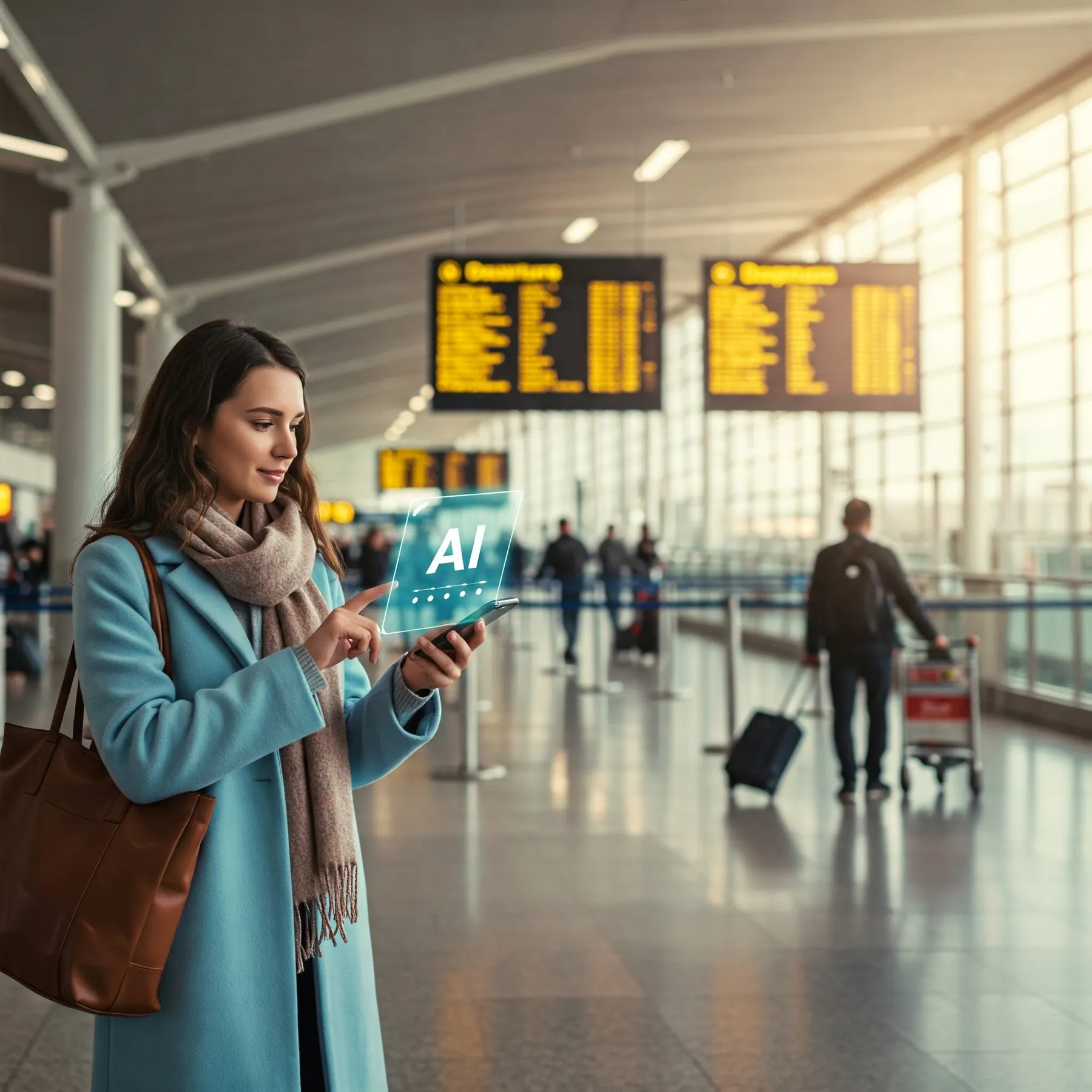 Airport passenger using an AI chatbot on her phone beneath departure boards