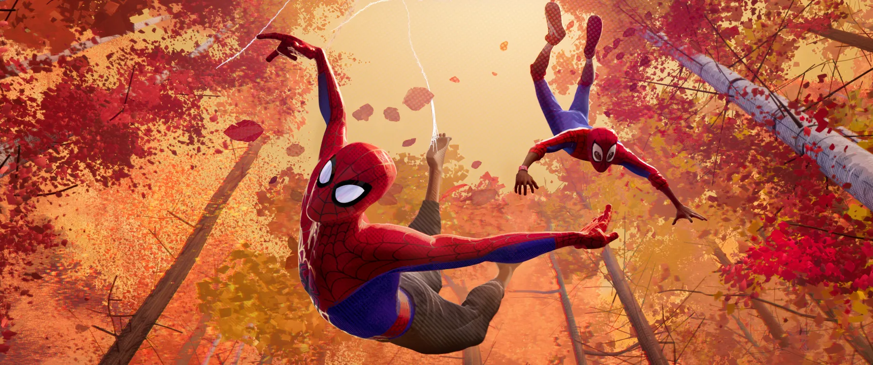Animated Spider-Man characters swinging through an autumn forest, from Sony Pictures