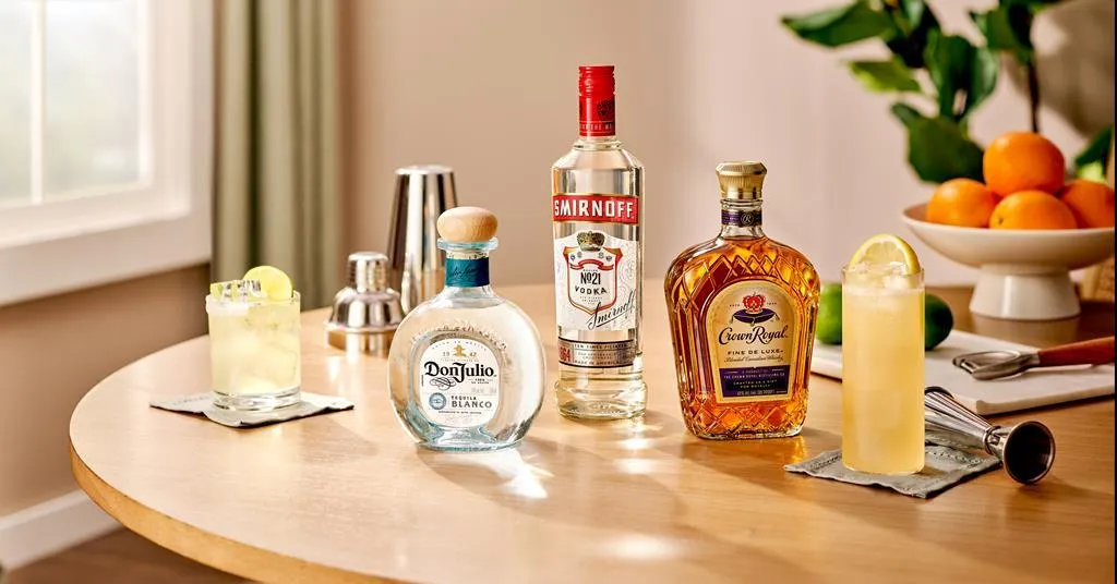Diageo drinks including Don Julio, Smirnoff and Crown Royal with cocktails on a table