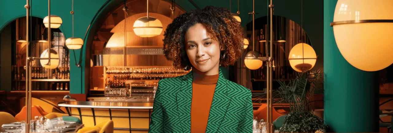 Elli, the Seedlip AI cocktail concierge, in a green and orange cocktail bar