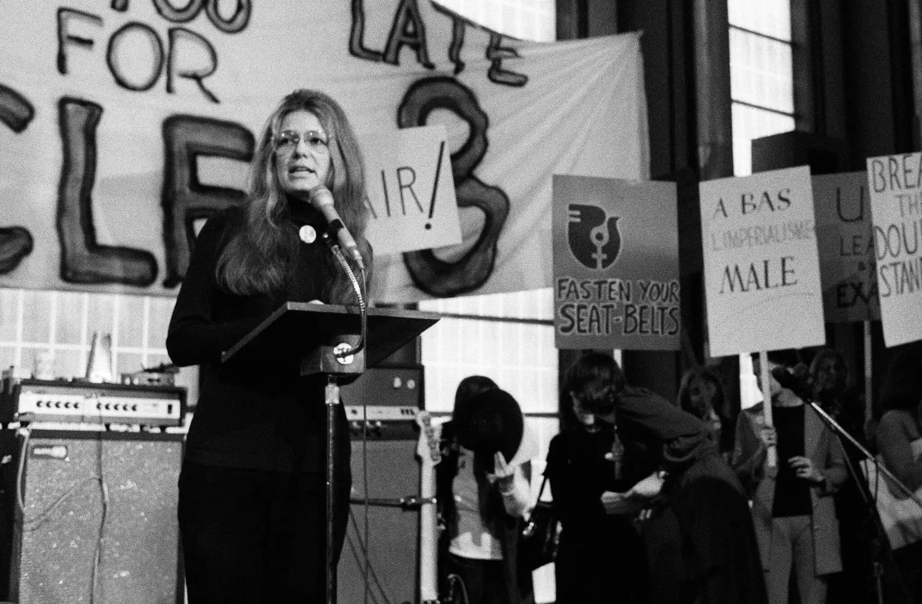 Gloria Steinem speaking at a rally in 1968