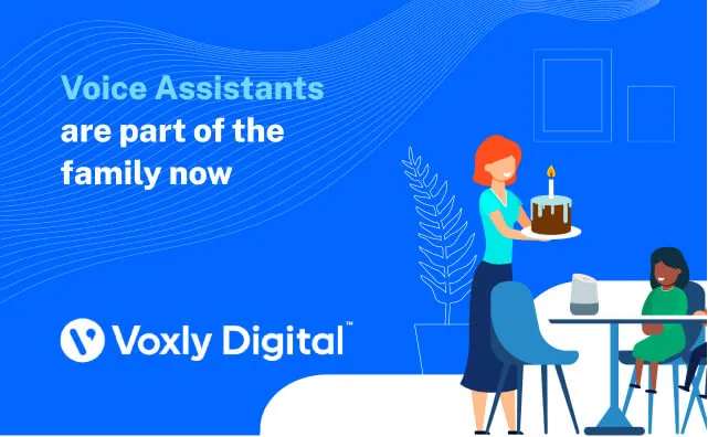 Illustration of a family birthday at home with a smart speaker on the table