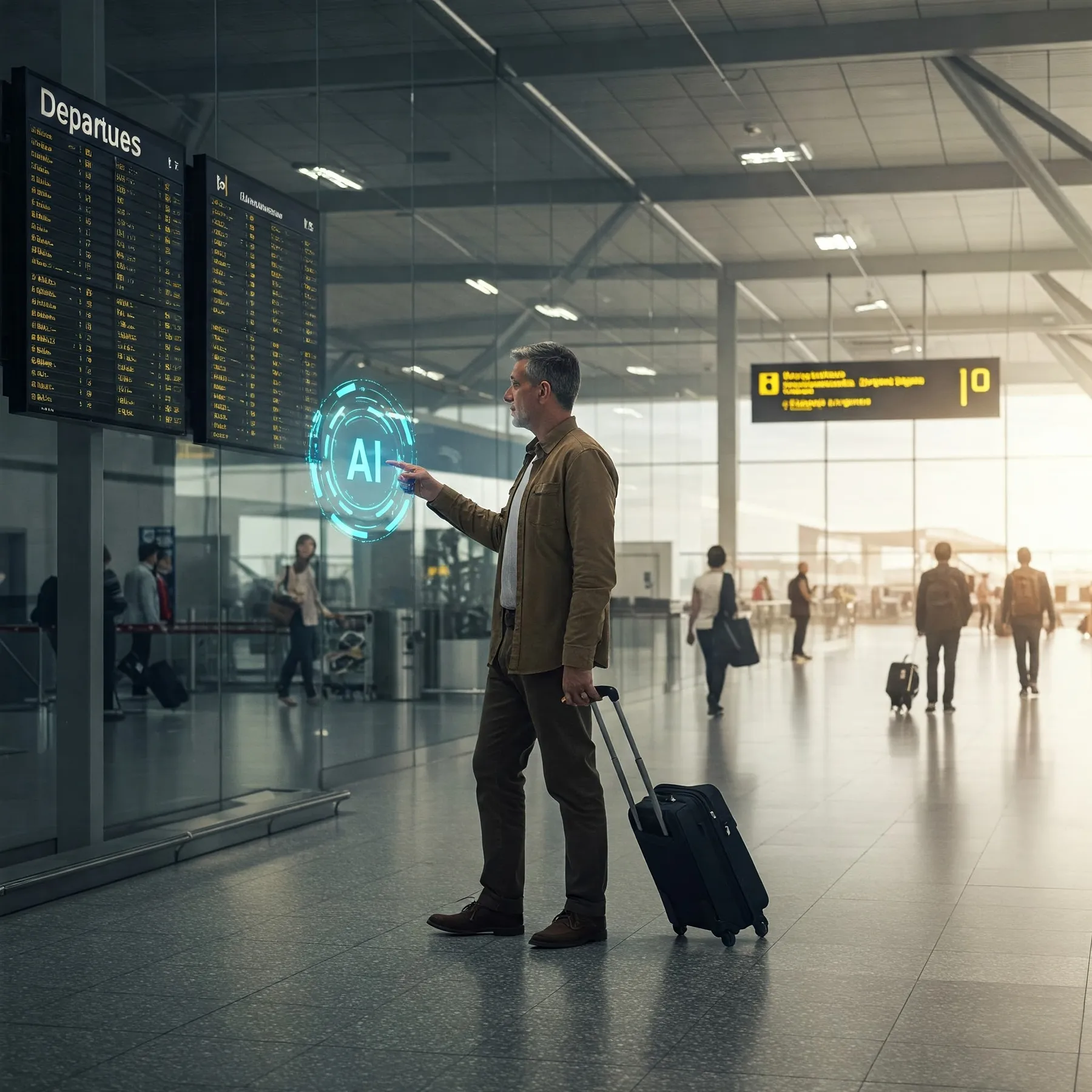 Man with a wheeled suitcase tapping a holographic AI assistant in an airport terminal