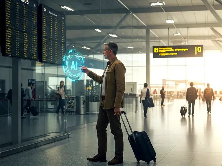 Traveller with a suitcase tapping a holographic AI assistant