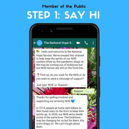 National Hope Service step 1: say hi to the WhatsApp chatbot