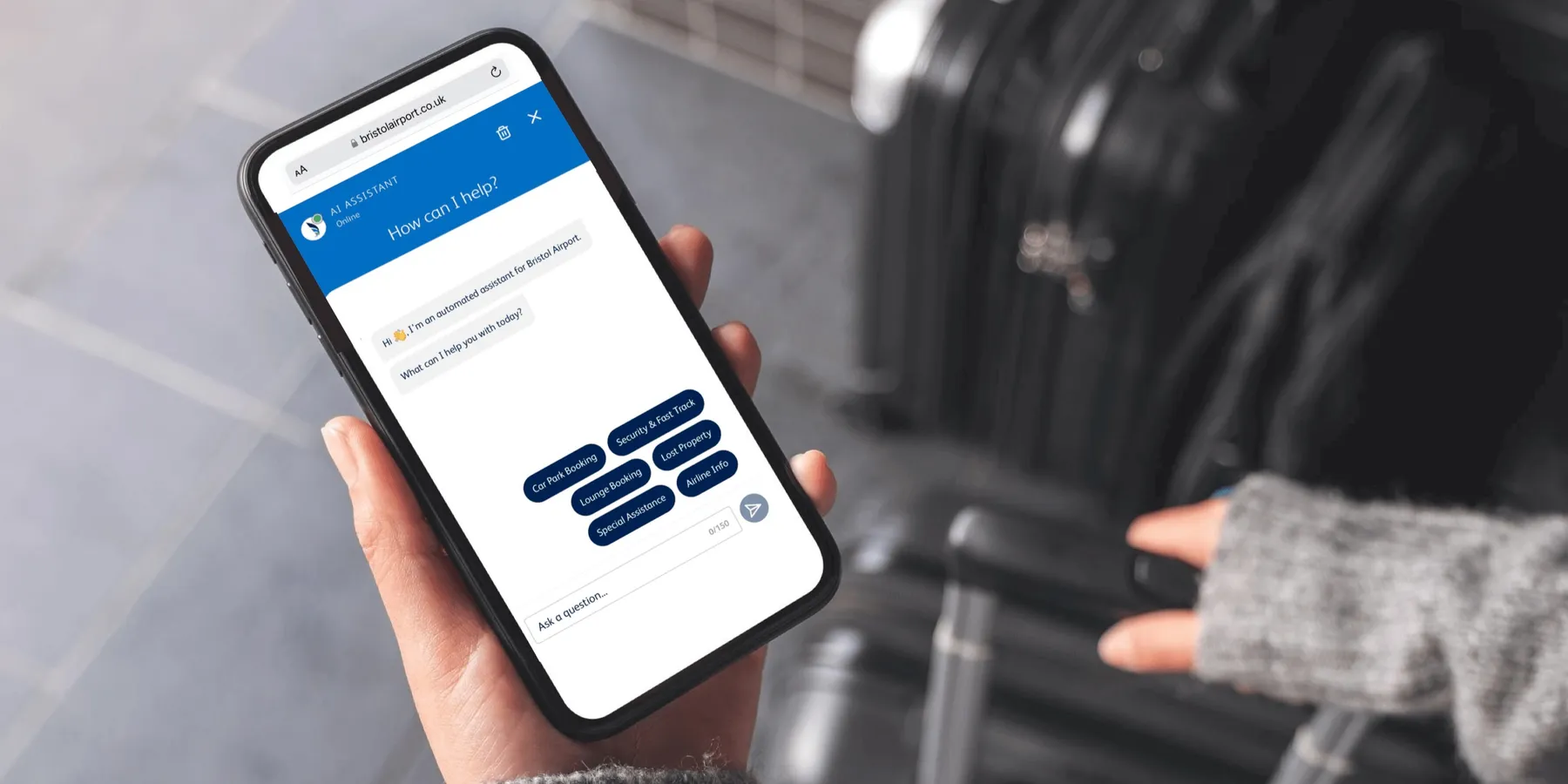 Passenger using the Bristol Airport AI Assistant chatbot on a phone beside luggage