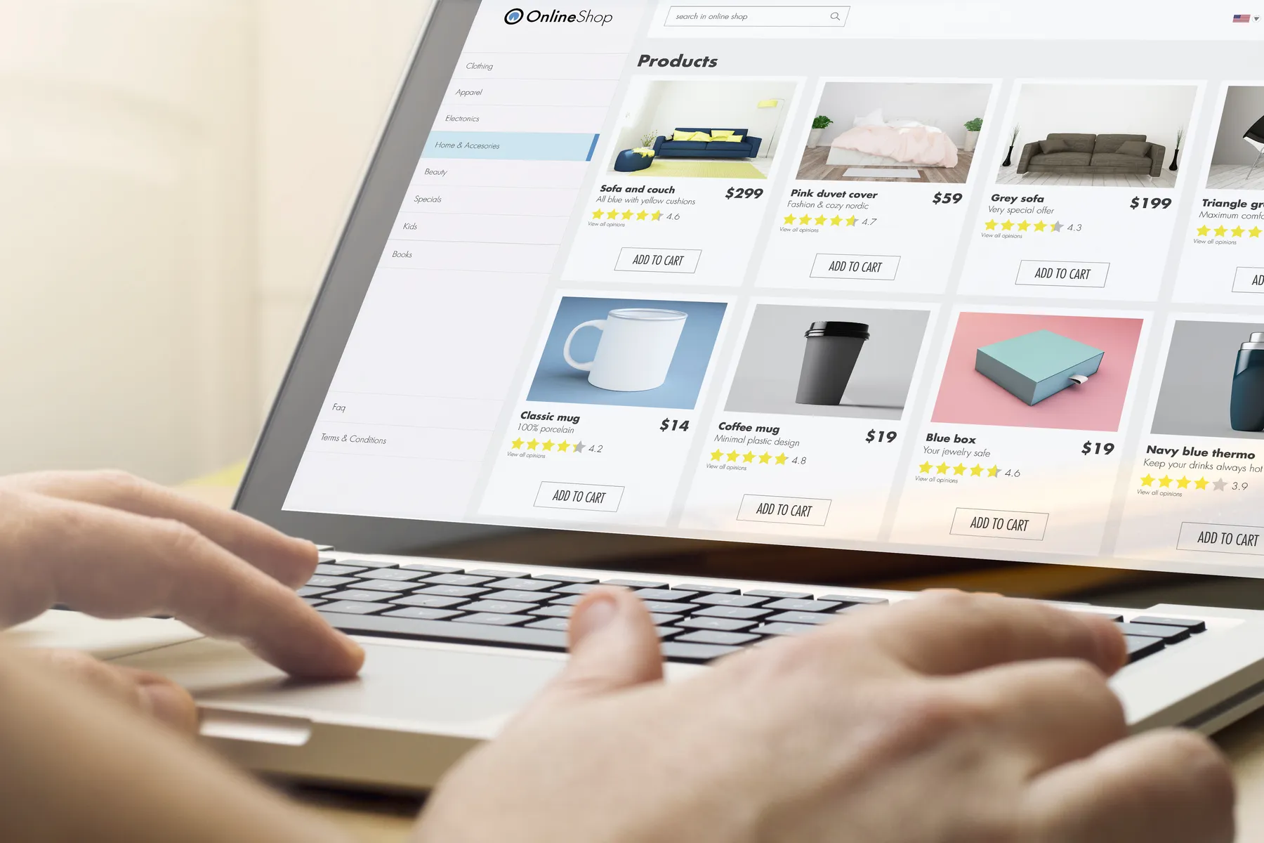 Person browsing an online shop's product page on a laptop