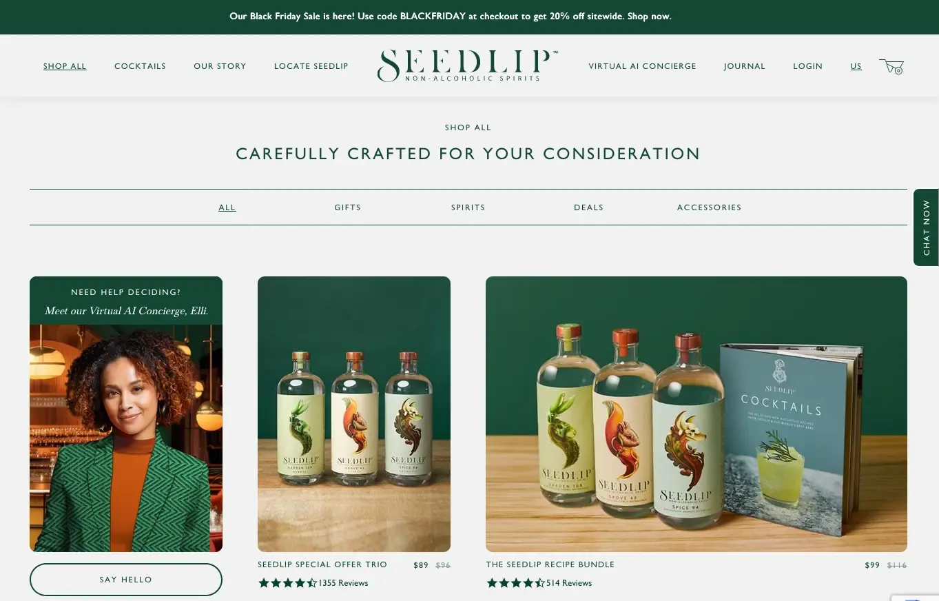 Seedlip online shop with a tile promoting Elli, the virtual AI concierge