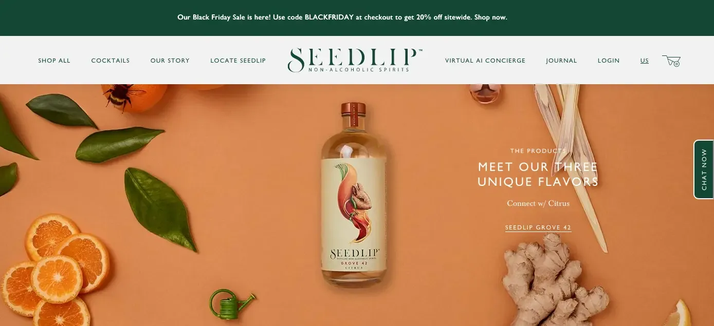 Seedlip website homepage with a Grove 42 bottle and a Chat Now tab